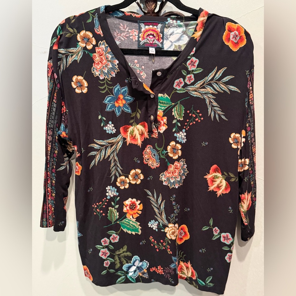 Johnny Was Black Floral Henley with Multicolor Blooms